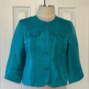Ruby Rd. Petite Teal Shimmer Cropped Jacket Blazer 6P
